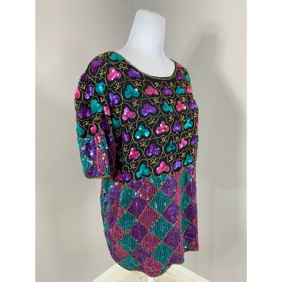 Vintage Harlequin Sequin Top Evening Cocktail Holiday Party Christmas Wedding - Picture 7 of 12